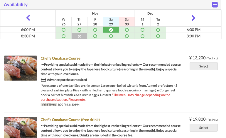 select a course menu on tablecheck